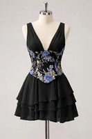 Laden Sie das Bild in den Galerie-Viewer, A-Linie pinkes Blumen-V-Ausschnitt-Pailletten-Homecoming-Kleid mit Spitze hinten