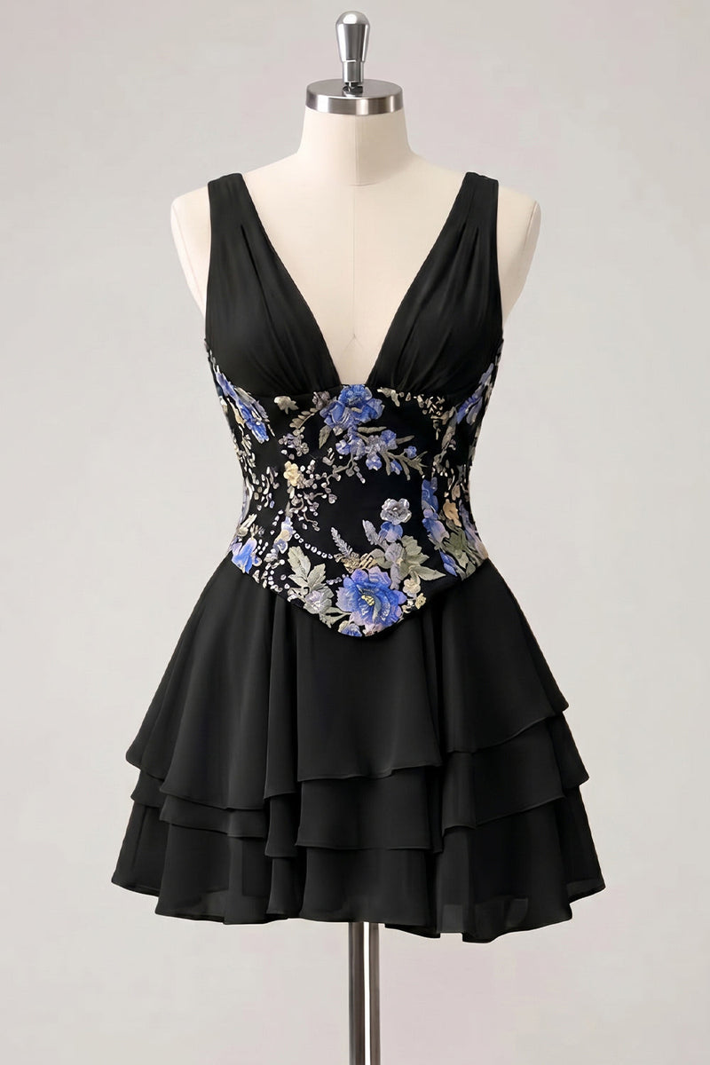 Laden Sie das Bild in den Galerie-Viewer, A-Linie pinkes Blumen-V-Ausschnitt-Pailletten-Homecoming-Kleid mit Spitze hinten