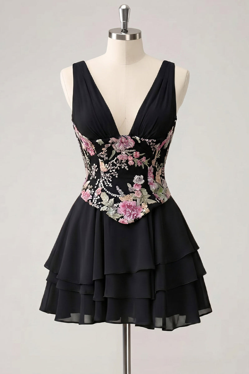 Laden Sie das Bild in den Galerie-Viewer, A-Linie pinkes Blumen-V-Ausschnitt-Pailletten-Homecoming-Kleid mit Spitze hinten