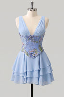 Laden Sie das Bild in den Galerie-Viewer, A-Linie pinkes Blumen-V-Ausschnitt-Pailletten-Homecoming-Kleid mit Spitze hinten