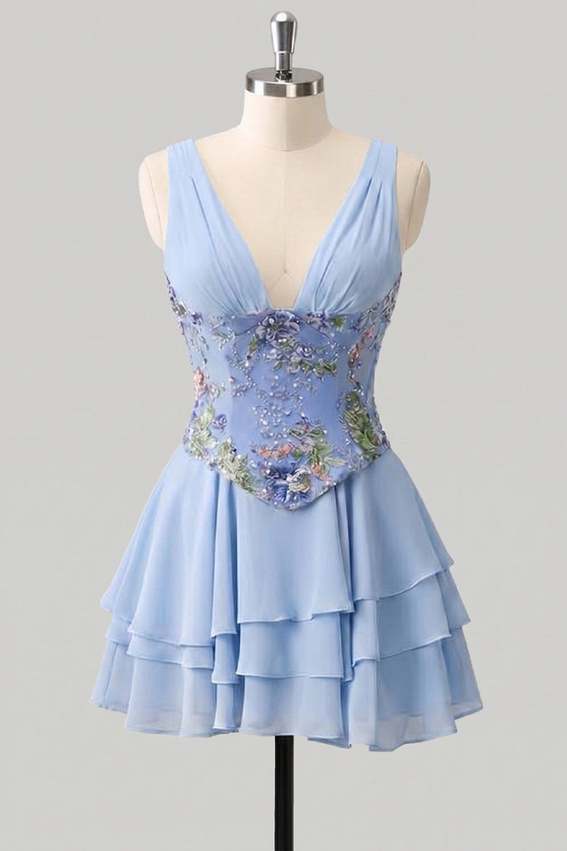 Laden Sie das Bild in den Galerie-Viewer, A-Linie pinkes Blumen-V-Ausschnitt-Pailletten-Homecoming-Kleid mit Spitze hinten