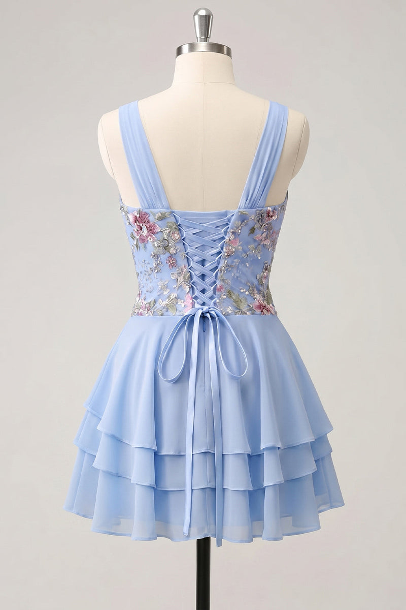 Laden Sie das Bild in den Galerie-Viewer, A-Linie pinkes Blumen-V-Ausschnitt-Pailletten-Homecoming-Kleid mit Spitze hinten