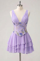 Laden Sie das Bild in den Galerie-Viewer, A-Linie pinkes Blumen-V-Ausschnitt-Pailletten-Homecoming-Kleid mit Spitze hinten