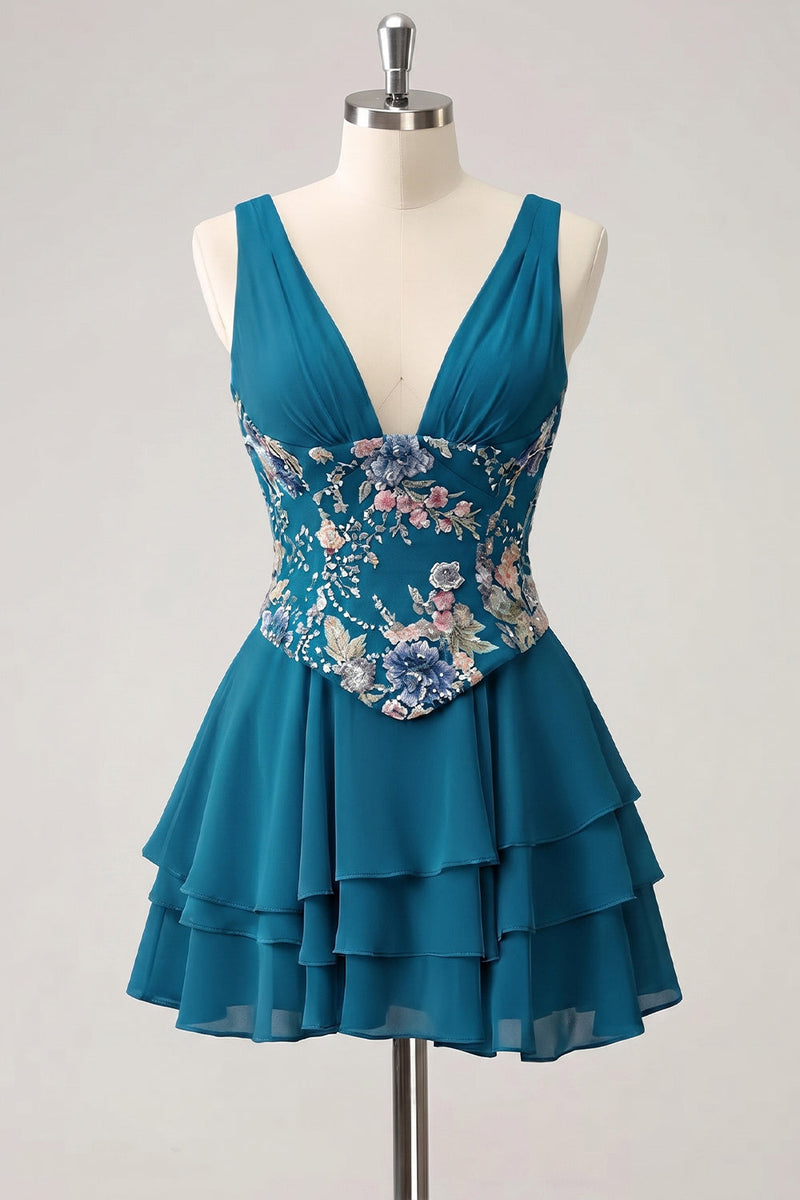 Laden Sie das Bild in den Galerie-Viewer, A-Linie pinkes Blumen-V-Ausschnitt-Pailletten-Homecoming-Kleid mit Spitze hinten