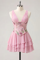 Laden Sie das Bild in den Galerie-Viewer, A-Linie pinkes Blumen-V-Ausschnitt-Pailletten-Homecoming-Kleid mit Spitze hinten