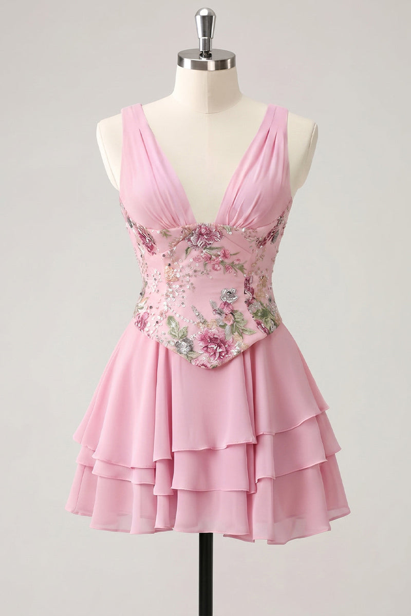 Laden Sie das Bild in den Galerie-Viewer, A-Linie pinkes Blumen-V-Ausschnitt-Pailletten-Homecoming-Kleid mit Spitze hinten