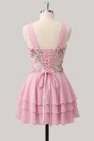 Laden Sie das Bild in den Galerie-Viewer, A-Linie pinkes Blumen-V-Ausschnitt-Pailletten-Homecoming-Kleid mit Spitze hinten