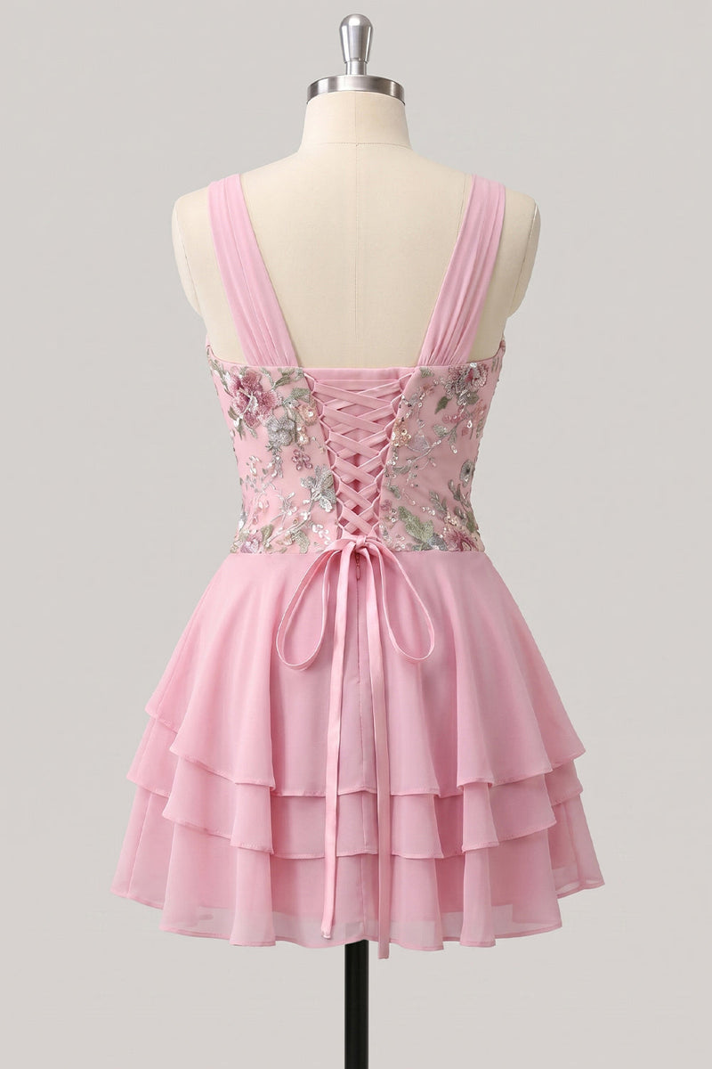 Laden Sie das Bild in den Galerie-Viewer, A-Linie pinkes Blumen-V-Ausschnitt-Pailletten-Homecoming-Kleid mit Spitze hinten