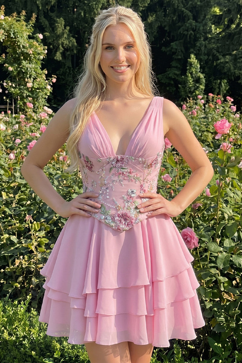 Laden Sie das Bild in den Galerie-Viewer, A-Linie pinkes Blumen-V-Ausschnitt-Pailletten-Homecoming-Kleid mit Spitze hinten