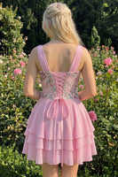 Laden Sie das Bild in den Galerie-Viewer, A-Linie pinkes Blumen-V-Ausschnitt-Pailletten-Homecoming-Kleid mit Spitze hinten