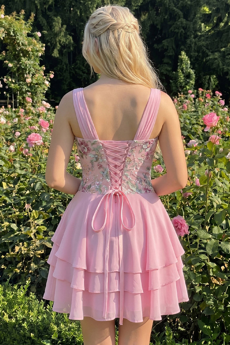 Laden Sie das Bild in den Galerie-Viewer, A-Linie pinkes Blumen-V-Ausschnitt-Pailletten-Homecoming-Kleid mit Spitze hinten