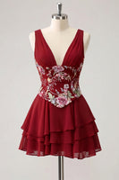 Laden Sie das Bild in den Galerie-Viewer, A-Linie pinkes Blumen-V-Ausschnitt-Pailletten-Homecoming-Kleid mit Spitze hinten