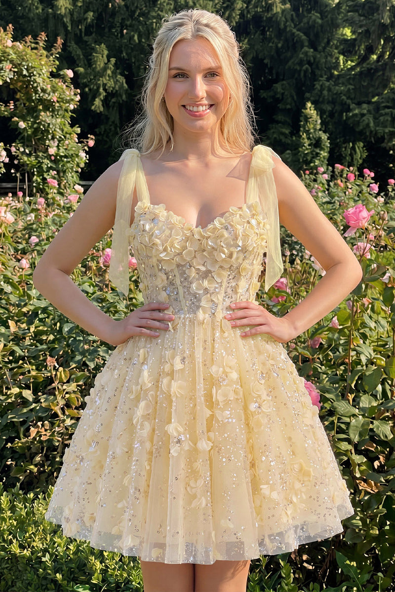 Laden Sie das Bild in den Galerie-Viewer, A-Linie Florales Transparentes Korsett Pailletten Kurzes Abendkleid mit Schnürung