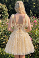 Laden Sie das Bild in den Galerie-Viewer, A-Linie Florales Transparentes Korsett Pailletten Kurzes Abendkleid mit Schnürung
