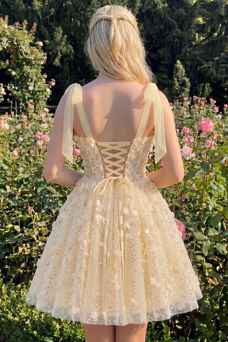Laden Sie das Bild in den Galerie-Viewer, A-Linie Florales Transparentes Korsett Pailletten Kurzes Abendkleid mit Schnürung