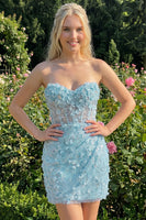 Laden Sie das Bild in den Galerie-Viewer, Bodycon trägerloses, floral, transparentes Korsett, Pailletten-Homecoming-Kleid mit Schnürung auf dem Rücken