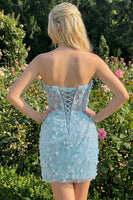 Laden Sie das Bild in den Galerie-Viewer, Bodycon trägerloses, floral, transparentes Korsett, Pailletten-Homecoming-Kleid mit Schnürung auf dem Rücken
