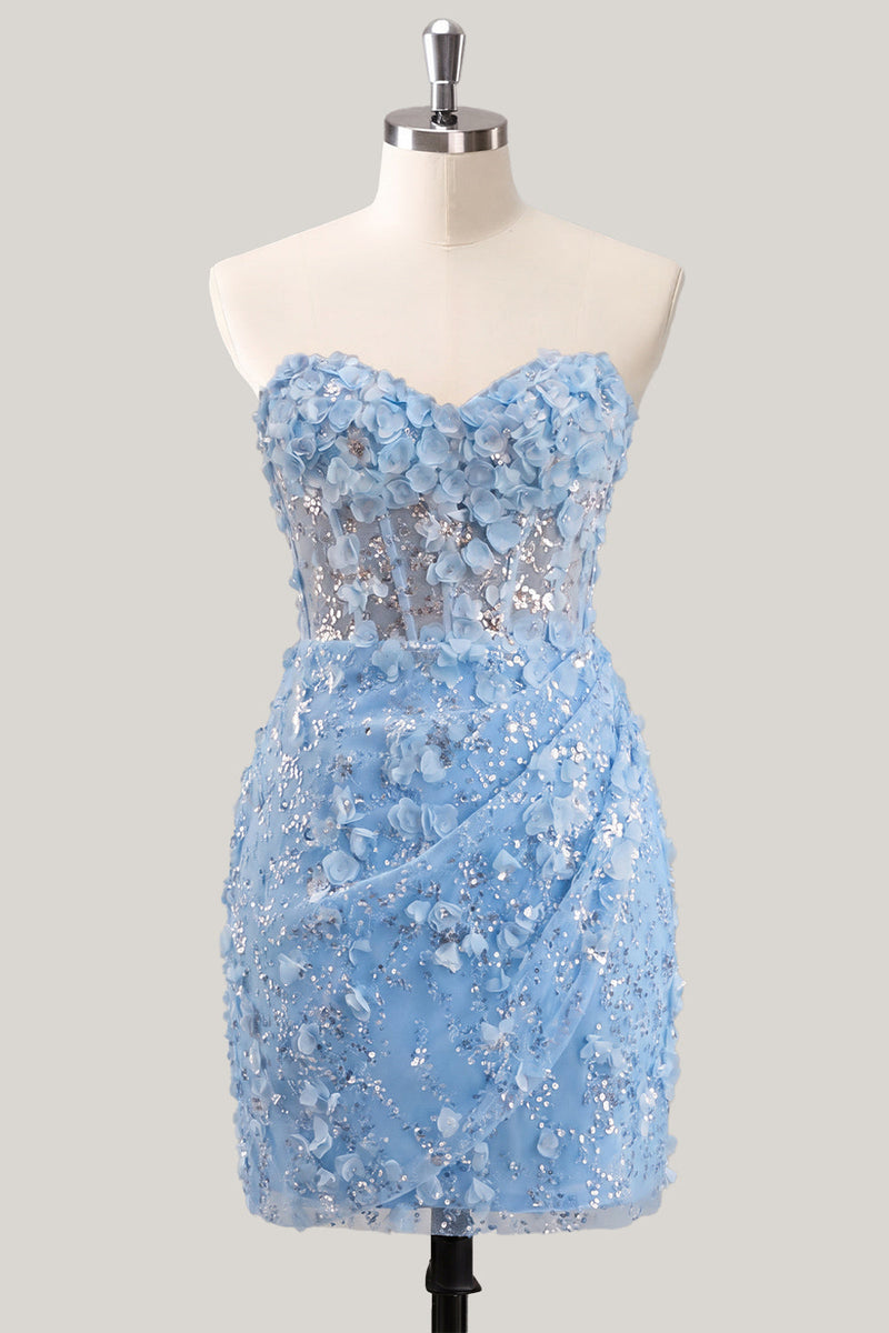 Laden Sie das Bild in den Galerie-Viewer, Bodycon trägerloses, floral, transparentes Korsett, Pailletten-Homecoming-Kleid mit Schnürung auf dem Rücken