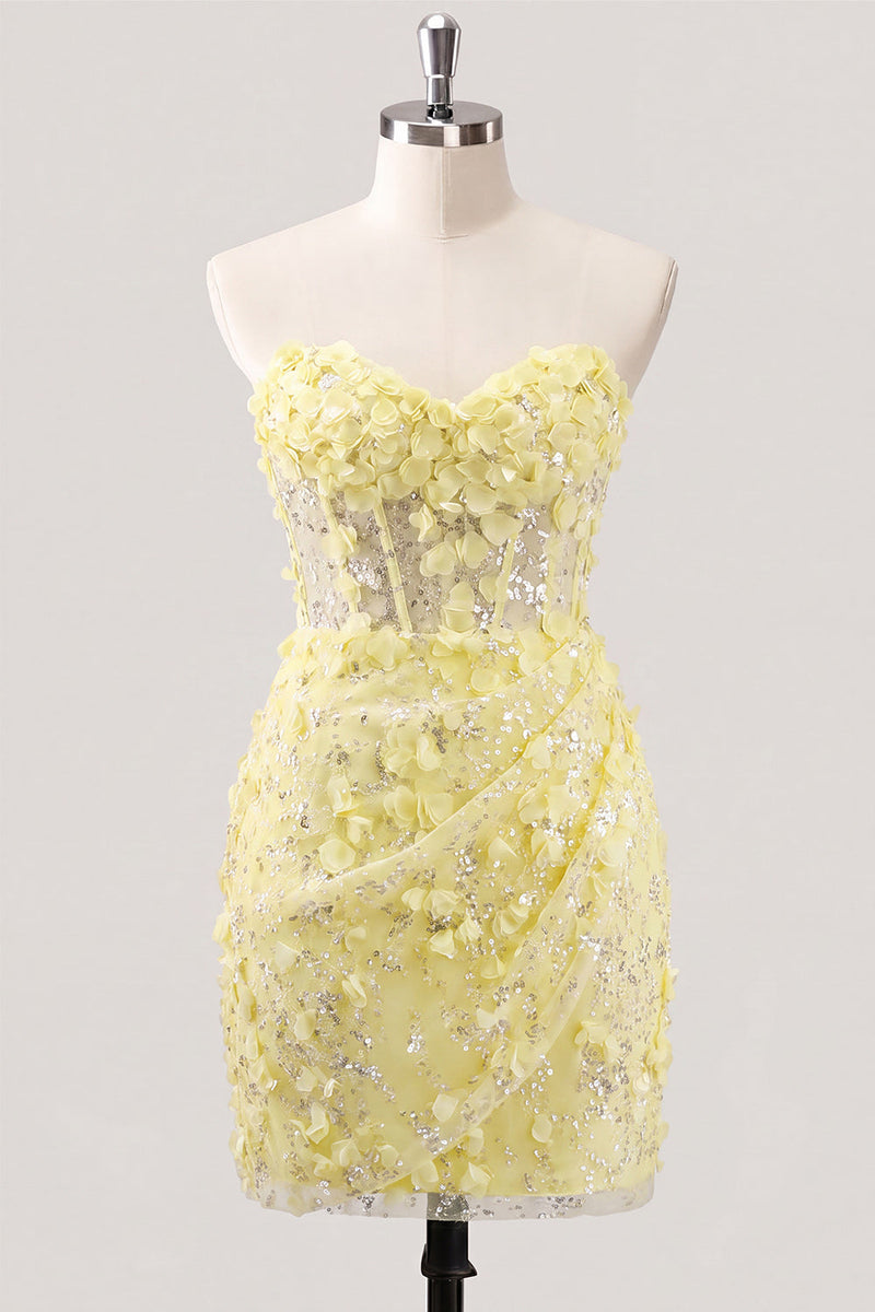 Laden Sie das Bild in den Galerie-Viewer, Bodycon trägerloses, floral, transparentes Korsett, Pailletten-Homecoming-Kleid mit Schnürung auf dem Rücken