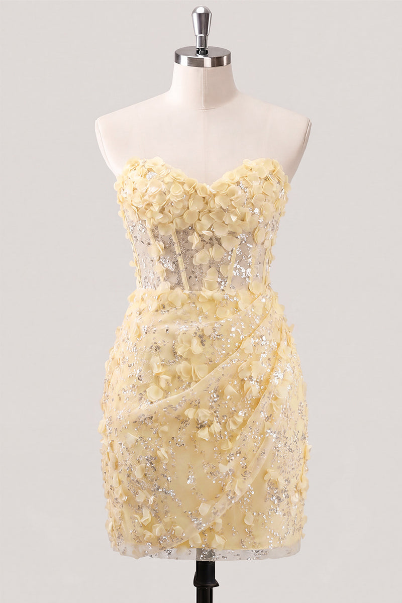 Laden Sie das Bild in den Galerie-Viewer, Bodycon Trägerloses Floral Transparentes Korsett Pailletten Kurzes Abendkleid mit Schnürung