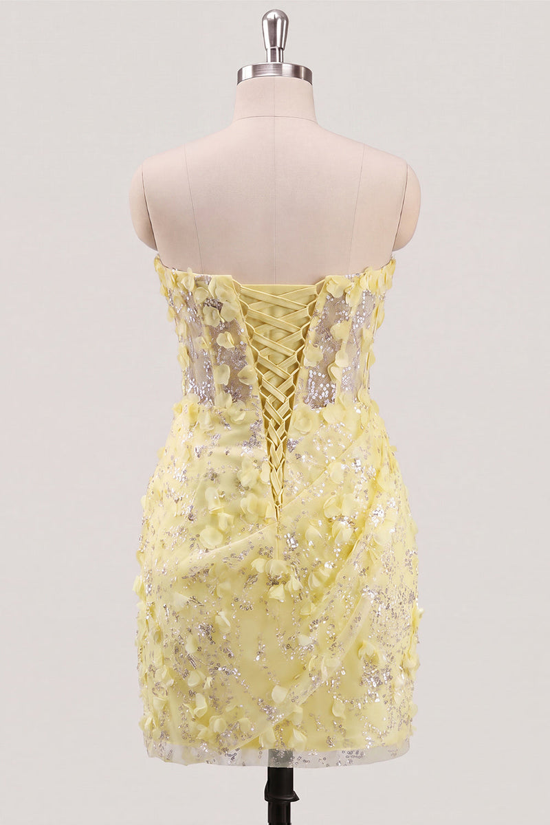 Laden Sie das Bild in den Galerie-Viewer, Bodycon trägerloses, floral, transparentes Korsett, Pailletten-Homecoming-Kleid mit Schnürung auf dem Rücken