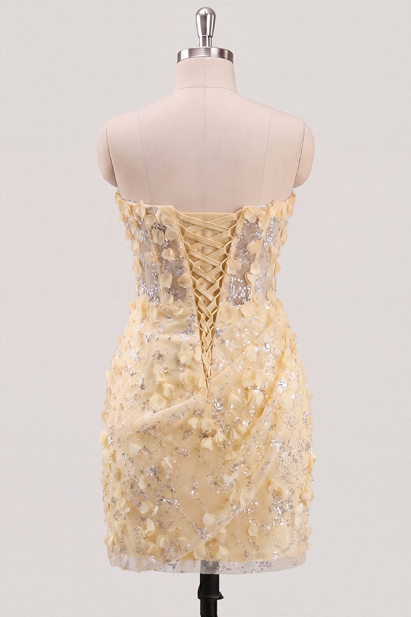 Laden Sie das Bild in den Galerie-Viewer, Bodycon Trägerloses Floral Transparentes Korsett Pailletten Kurzes Abendkleid mit Schnürung