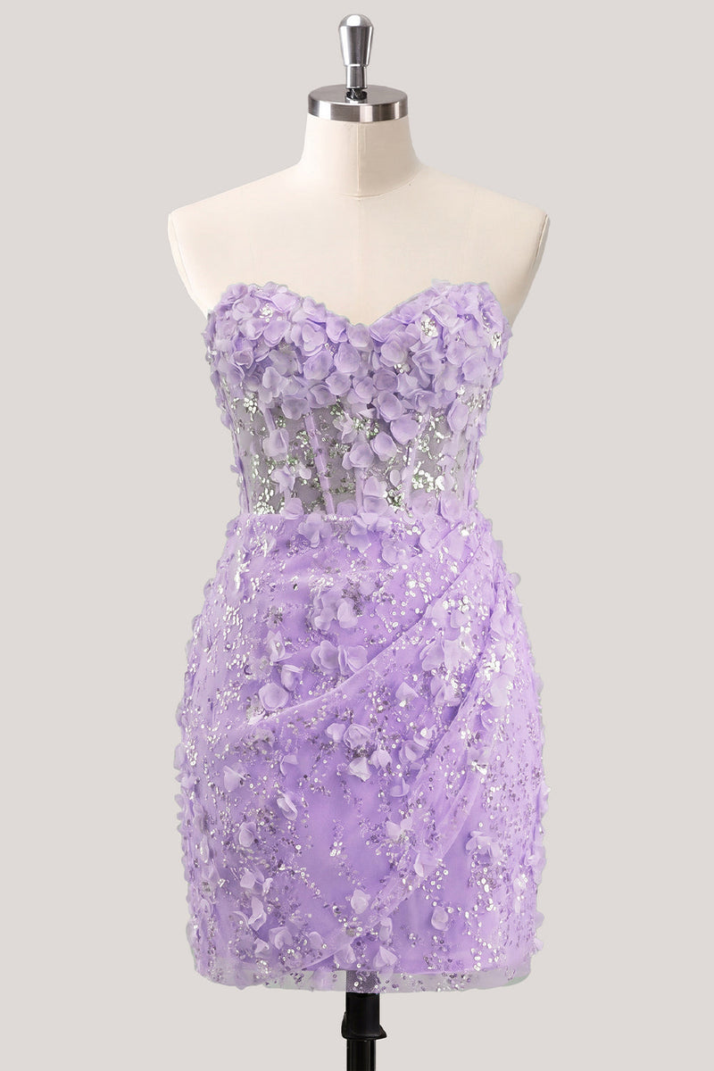 Laden Sie das Bild in den Galerie-Viewer, Bodycon trägerloses, floral, transparentes Korsett, Pailletten-Homecoming-Kleid mit Schnürung auf dem Rücken