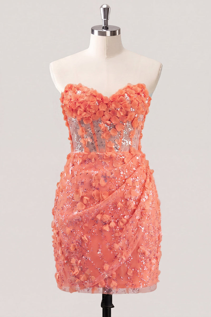 Laden Sie das Bild in den Galerie-Viewer, Bodycon trägerloses, floral, transparentes Korsett, Pailletten-Homecoming-Kleid mit Schnürung auf dem Rücken