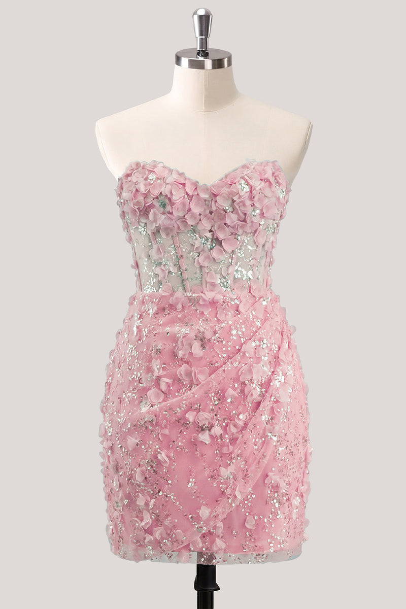 Laden Sie das Bild in den Galerie-Viewer, Bodycon trägerloses, floral, transparentes Korsett, Pailletten-Homecoming-Kleid mit Schnürung auf dem Rücken