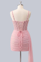 Laden Sie das Bild in den Galerie-Viewer, Rosa Bodycon-Korsett mit gerafftem Perlen-Spitzen-Back-Homecoming-Kleid mit Schärpe