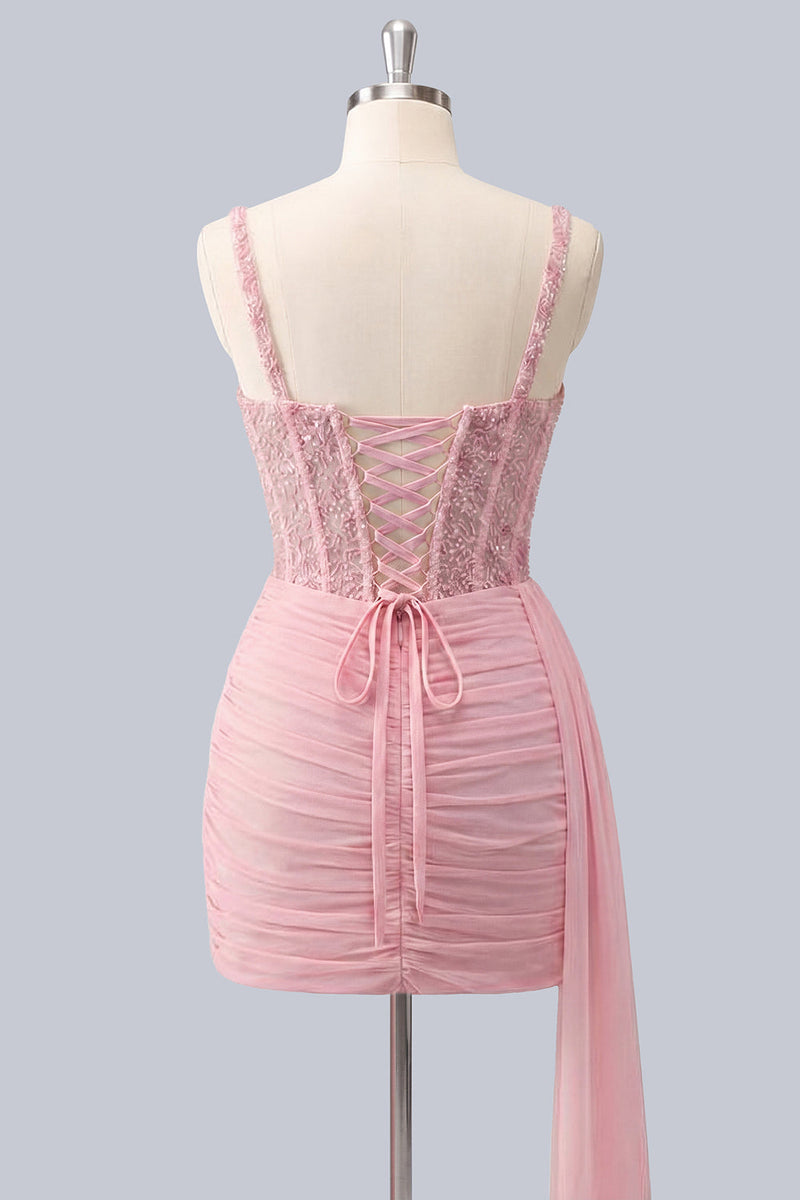 Laden Sie das Bild in den Galerie-Viewer, Rosa Bodycon-Korsett mit gerafftem Perlen-Spitzen-Back-Homecoming-Kleid mit Schärpe