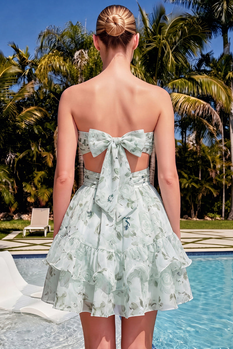 Laden Sie das Bild in den Galerie-Viewer, Sweetheart A-Linie pinkes, gefaltetes, gestuftes, rüschendes Homecoming-Kleid mit Schleife
