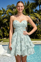 Laden Sie das Bild in den Galerie-Viewer, Sweetheart A-Linie pinkes, gefaltetes, gestuftes, rüschendes Homecoming-Kleid mit Schleife