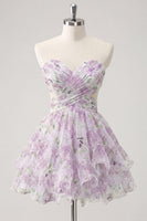Laden Sie das Bild in den Galerie-Viewer, Sweetheart A-Linie pinkes, gefaltetes, gestuftes, rüschendes Homecoming-Kleid mit Schleife