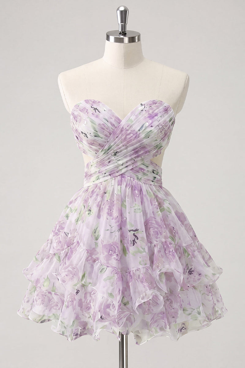 Laden Sie das Bild in den Galerie-Viewer, Sweetheart A-Linie pinkes, gefaltetes, gestuftes, rüschendes Homecoming-Kleid mit Schleife