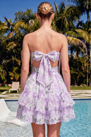 Laden Sie das Bild in den Galerie-Viewer, Sweetheart A-Linie pinkes, gefaltetes, gestuftes, rüschendes Homecoming-Kleid mit Schleife