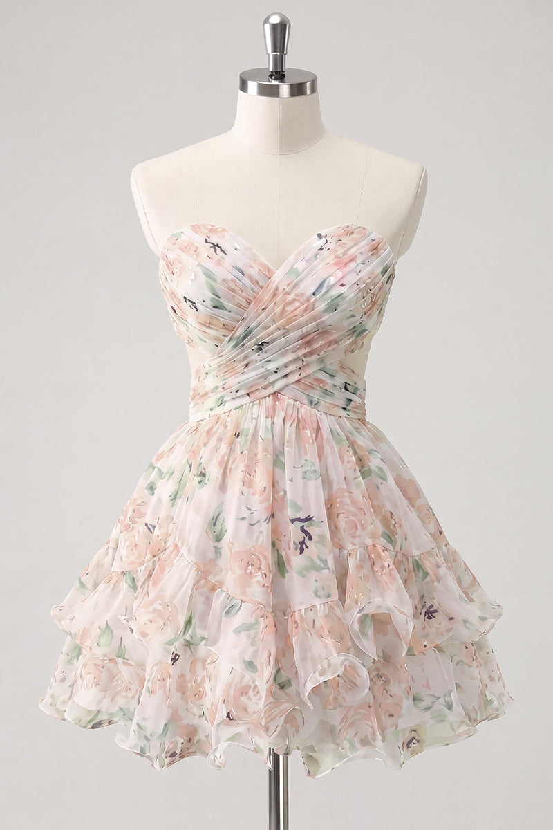 Laden Sie das Bild in den Galerie-Viewer, Sweetheart A-Linie pinkes, gefaltetes, gestuftes, rüschendes Homecoming-Kleid mit Schleife