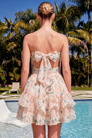 Laden Sie das Bild in den Galerie-Viewer, Sweetheart A-Linie pinkes, gefaltetes, gestuftes, rüschendes Homecoming-Kleid mit Schleife