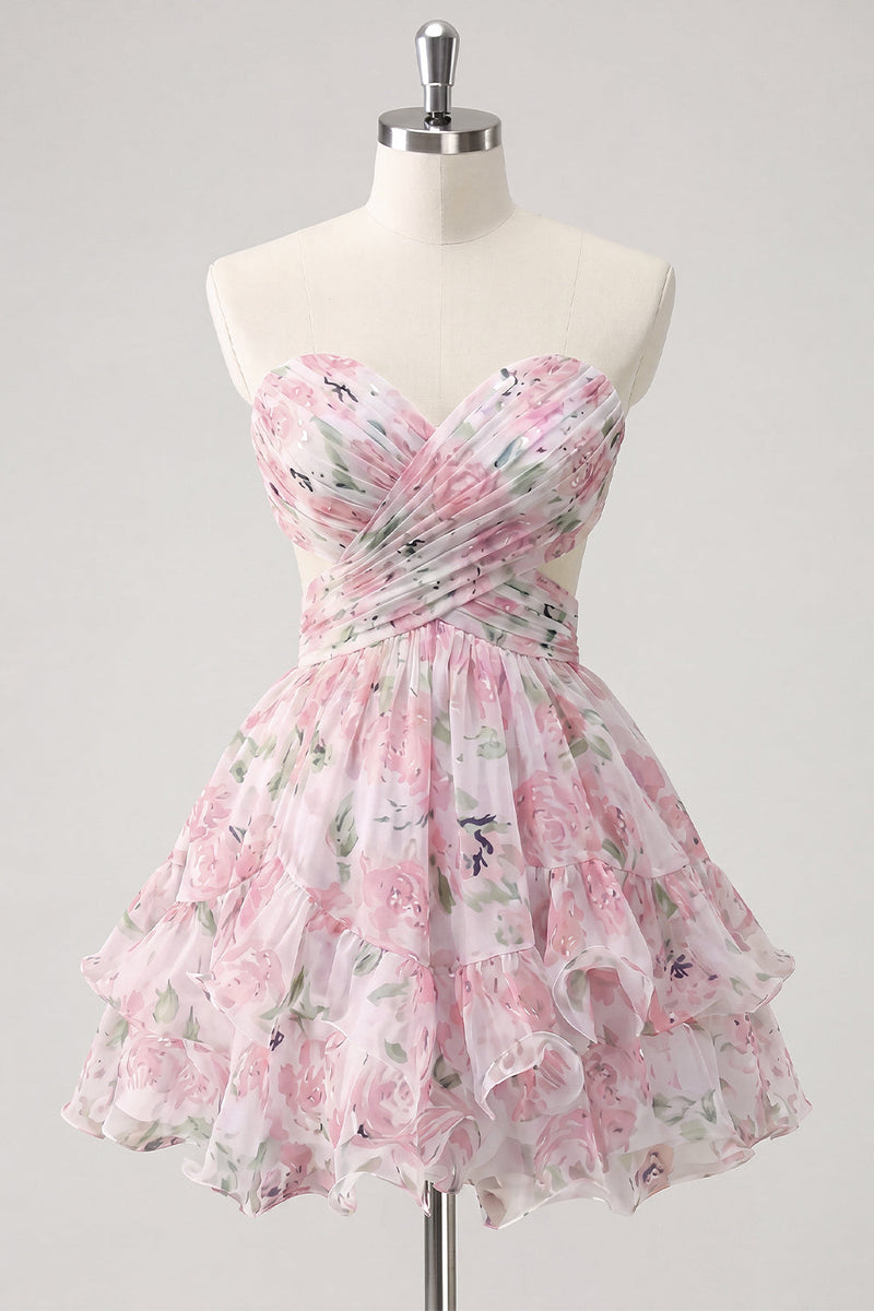 Laden Sie das Bild in den Galerie-Viewer, Sweetheart A-Linie pinkes, gefaltetes, gestuftes, rüschendes Homecoming-Kleid mit Schleife