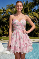 Laden Sie das Bild in den Galerie-Viewer, Sweetheart A-Linie pinkes, gefaltetes, gestuftes, rüschendes Homecoming-Kleid mit Schleife