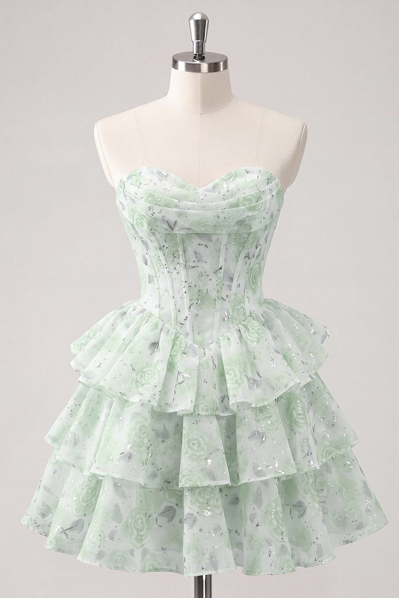 Laden Sie das Bild in den Galerie-Viewer, Sweetheart gestuftes A-Linien-Rosa Blumenkorsett Kurzes Homecoming-Kleid