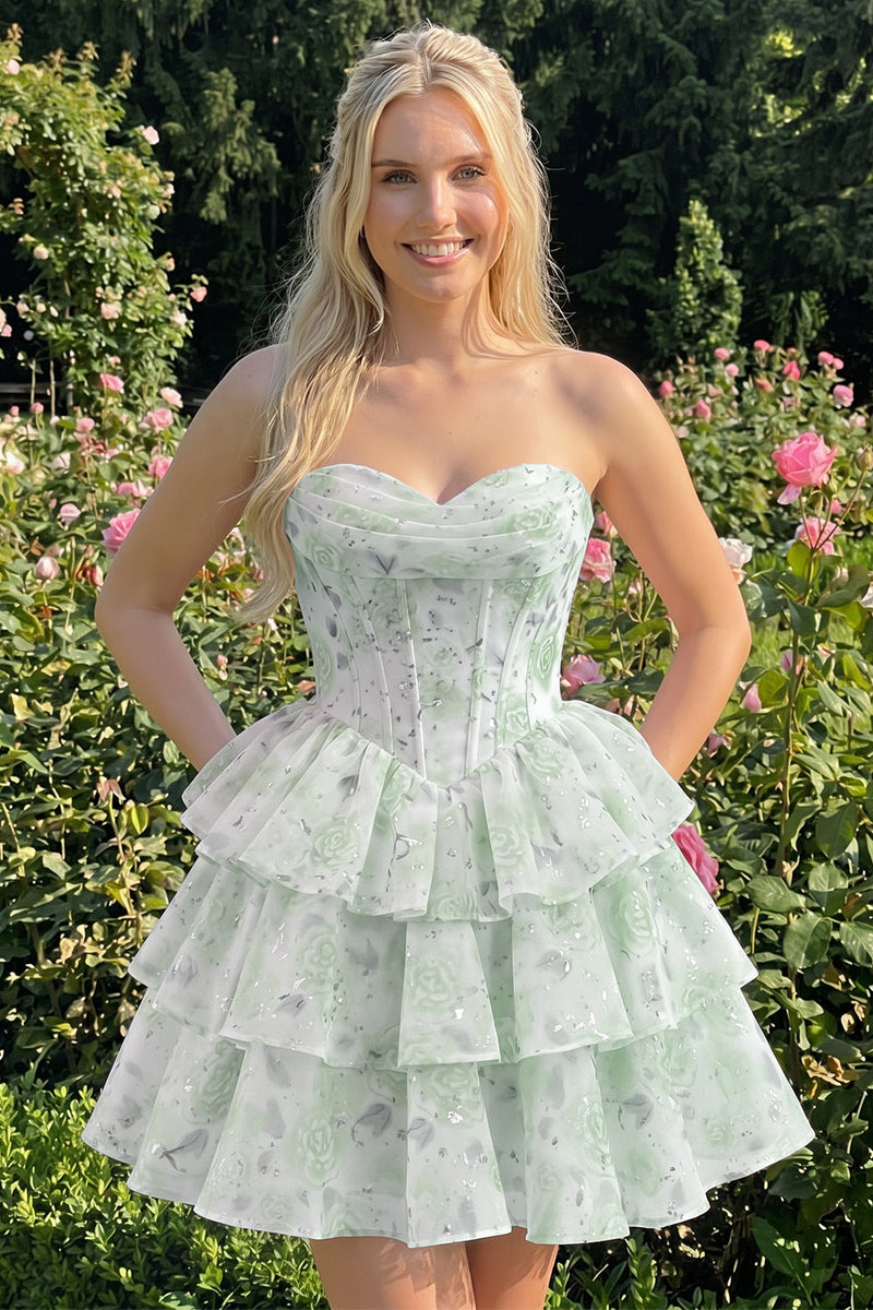 Laden Sie das Bild in den Galerie-Viewer, Sweetheart gestuftes A-Linien-Rosa Blumenkorsett Kurzes Homecoming-Kleid