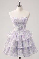 Laden Sie das Bild in den Galerie-Viewer, Sweetheart gestuftes A-Linien-Rosa Blumenkorsett Kurzes Homecoming-Kleid