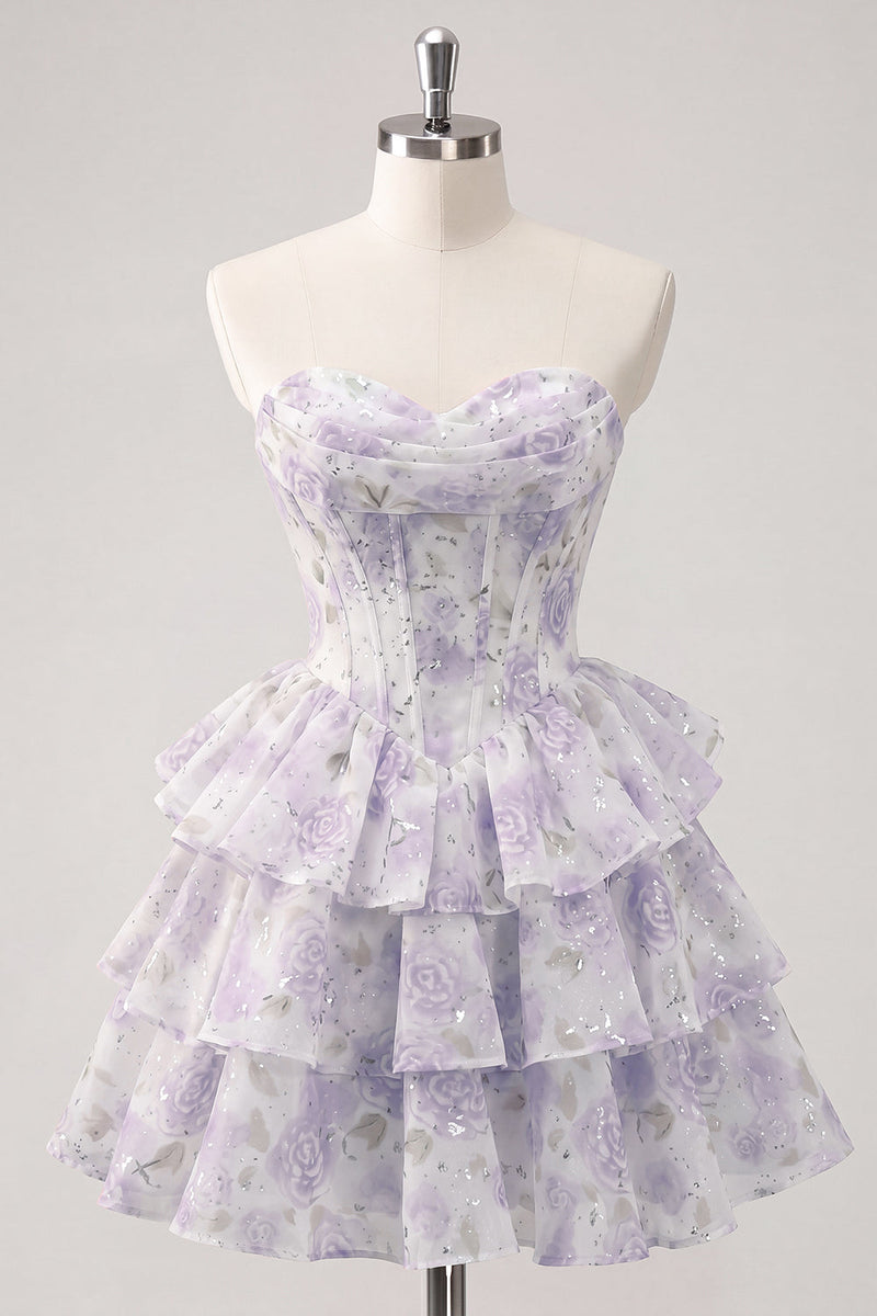 Laden Sie das Bild in den Galerie-Viewer, Sweetheart gestuftes A-Linien-Rosa Blumenkorsett Kurzes Homecoming-Kleid