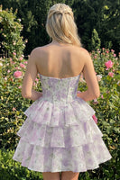 Laden Sie das Bild in den Galerie-Viewer, Sweetheart gestuftes A-Linien-Rosa Blumenkorsett Kurzes Homecoming-Kleid