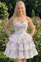 Laden Sie das Bild in den Galerie-Viewer, Sweetheart gestuftes A-Linien-Rosa Blumenkorsett Kurzes Homecoming-Kleid
