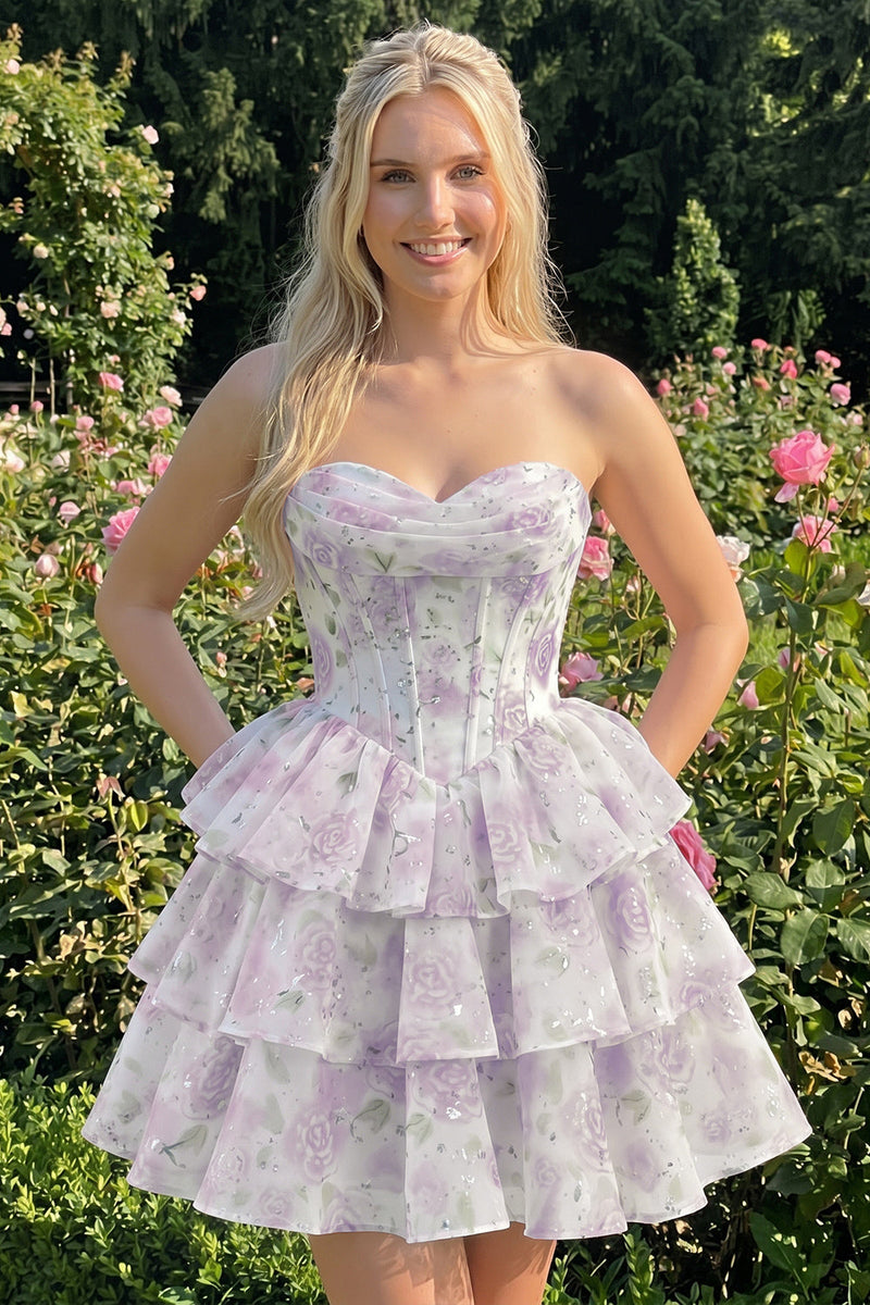Laden Sie das Bild in den Galerie-Viewer, Sweetheart gestuftes A-Linien-Rosa Blumenkorsett Kurzes Homecoming-Kleid