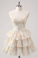 Laden Sie das Bild in den Galerie-Viewer, Sweetheart gestuftes A-Linien-Rosa Blumenkorsett Kurzes Homecoming-Kleid