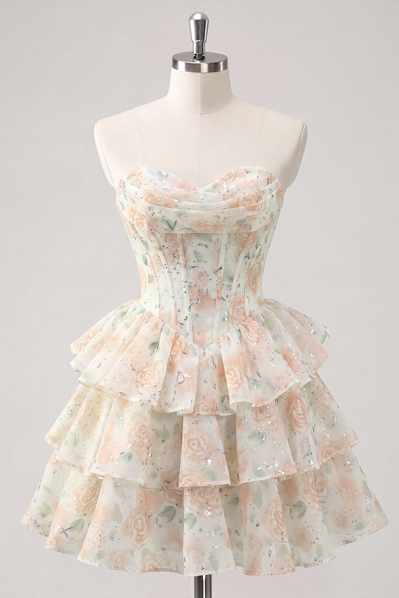 Laden Sie das Bild in den Galerie-Viewer, Sweetheart gestuftes A-Linien-Rosa Blumenkorsett Kurzes Homecoming-Kleid
