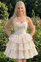 Laden Sie das Bild in den Galerie-Viewer, Sweetheart gestuftes A-Linien-Rosa Blumenkorsett Kurzes Homecoming-Kleid